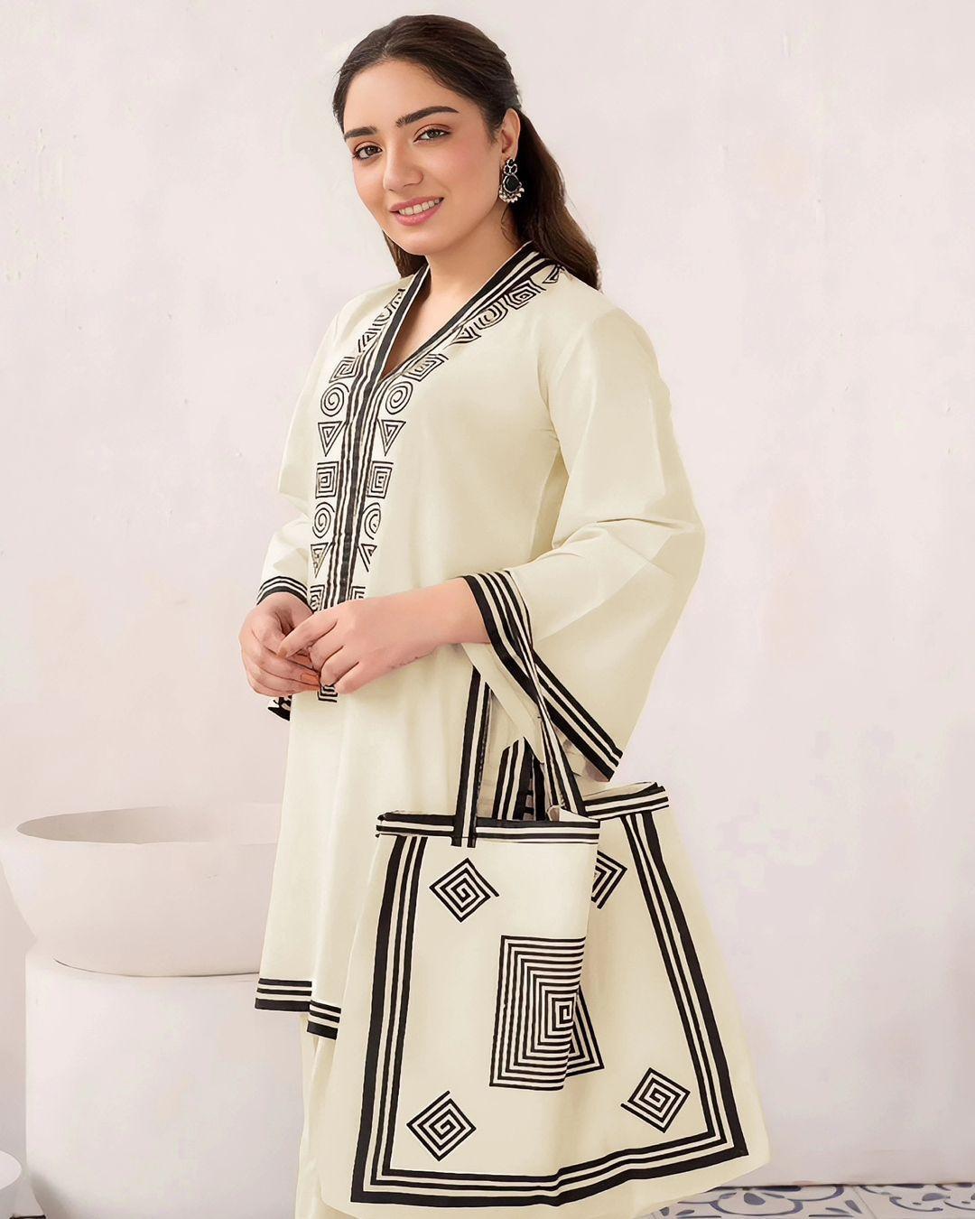 Stylish Embroidered Shirt And Trouser With Bag - 3 Pcs