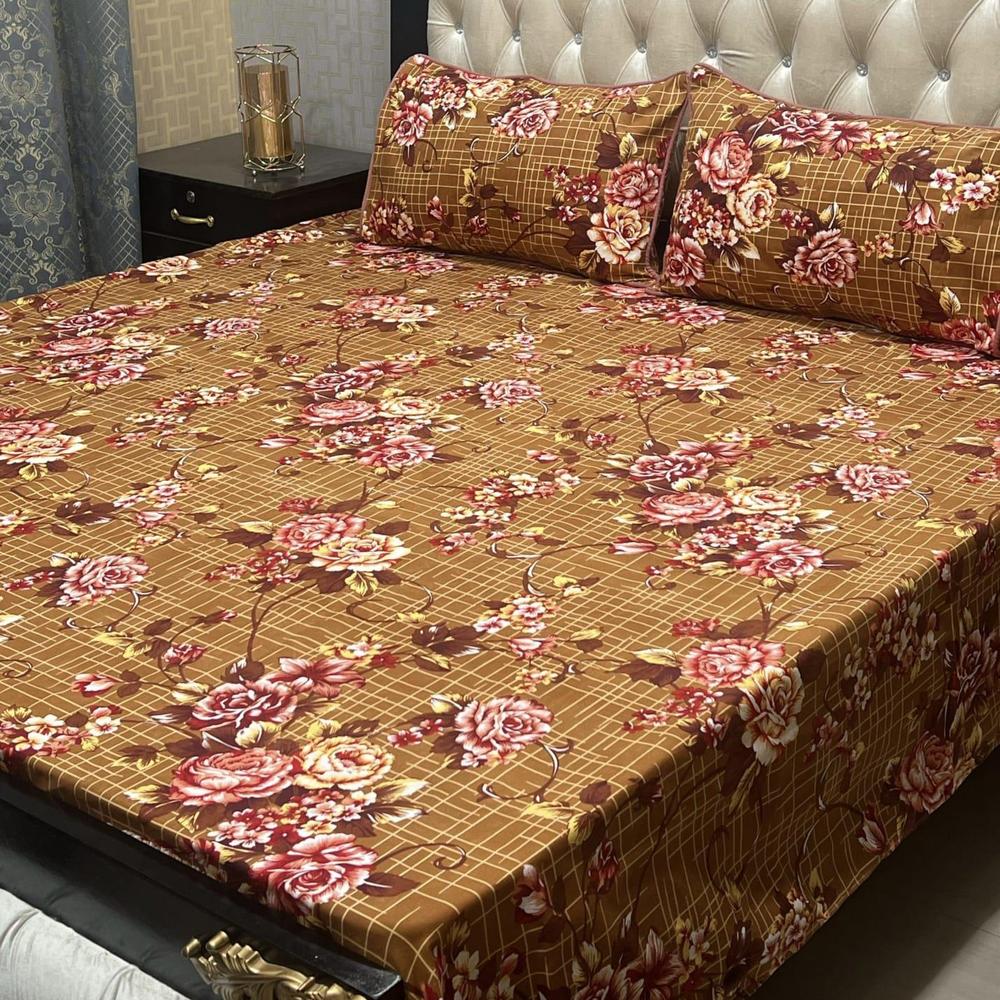3 Pcs Crystal Cotton Printed Double Bedsheet