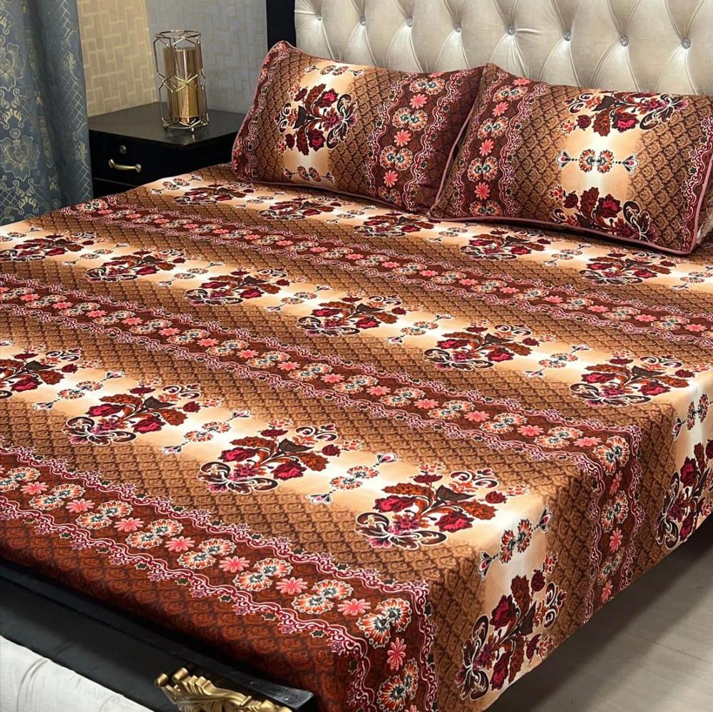 3 Pcs Crystal Cotton Printed Double Bedsheet