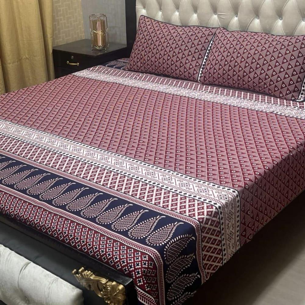 3 Pcs Crystal Cotton Printed Double Bedsheet