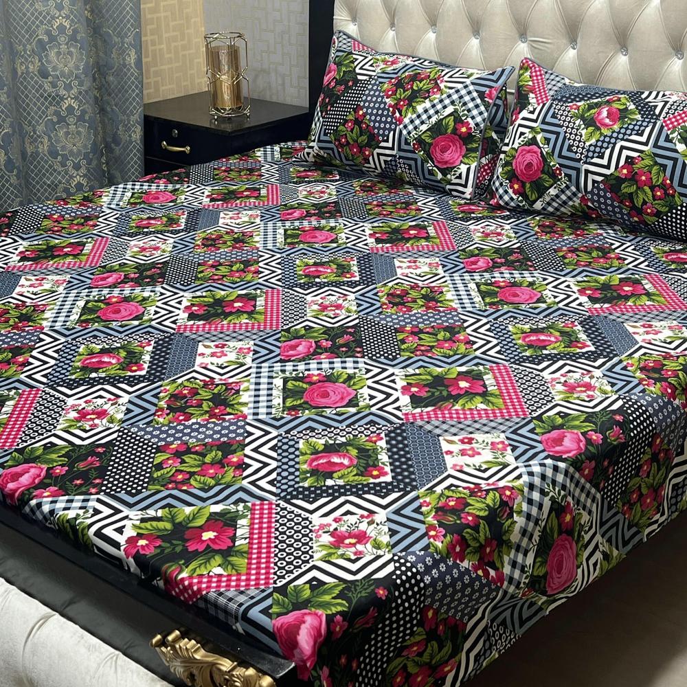 3 Pcs Crystal Cotton Printed Double Bedsheet