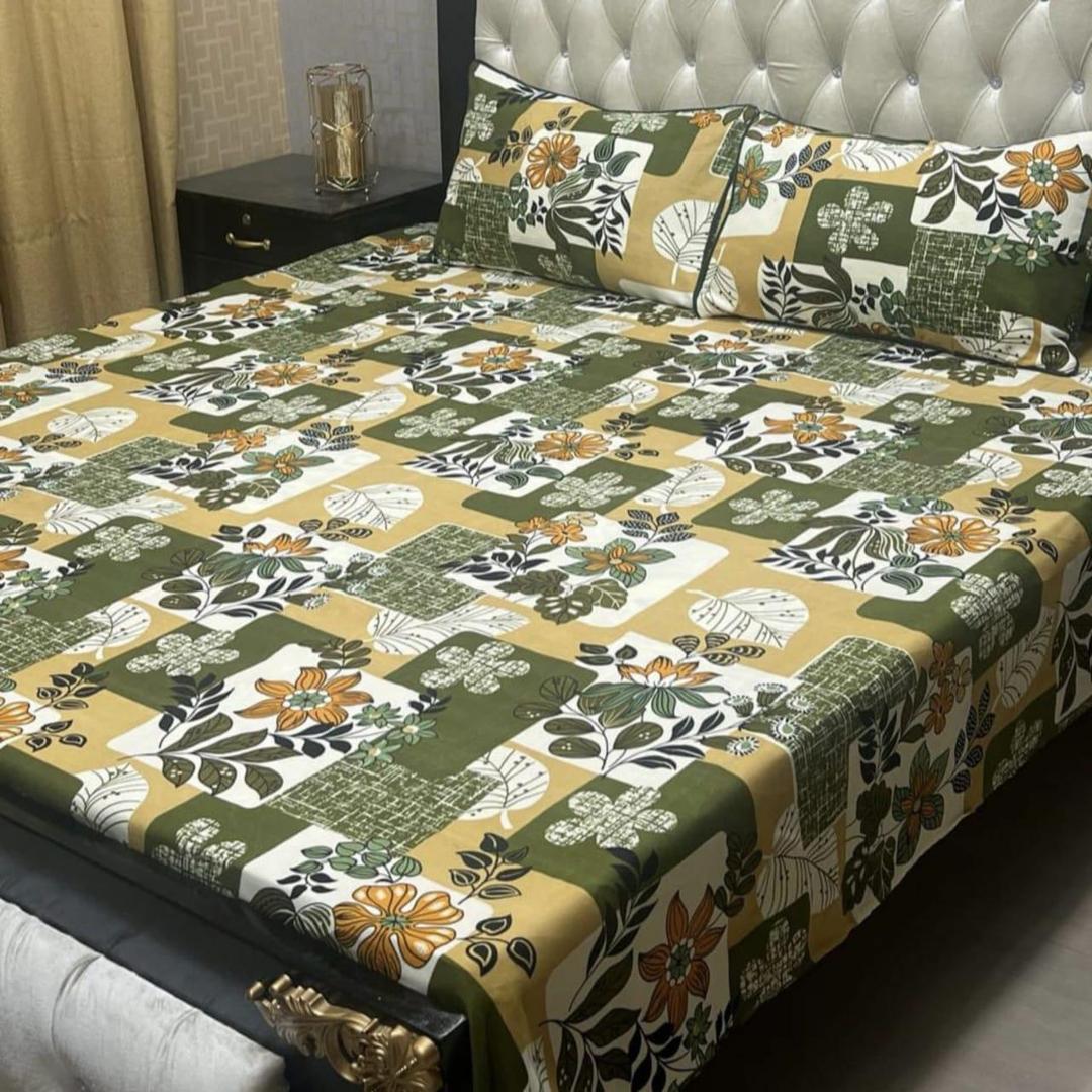 3 Pcs Crystal Cotton Printed Double Bedsheet
