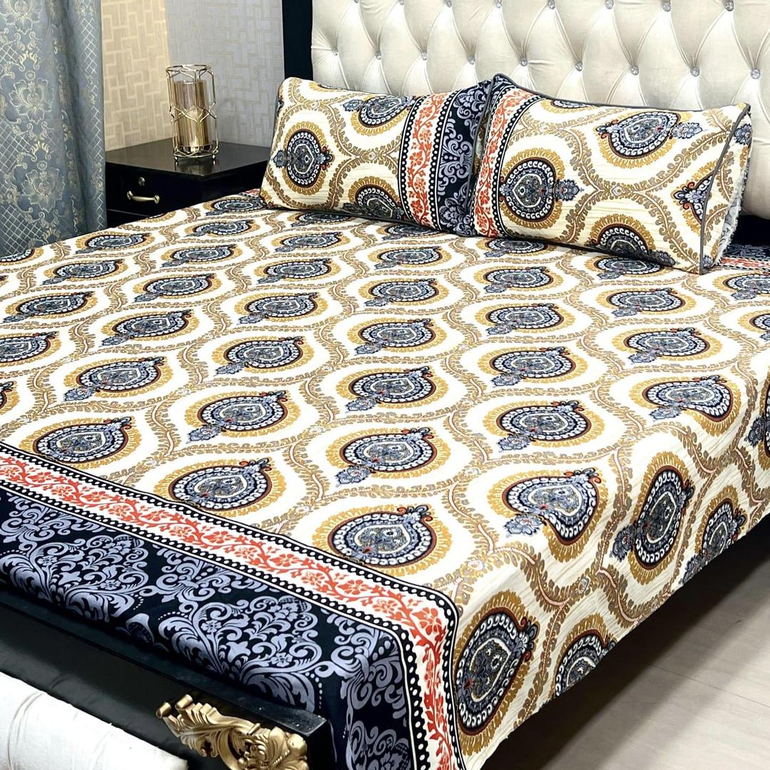 3 Pcs Crystal Cotton Printed Double Bedsheet