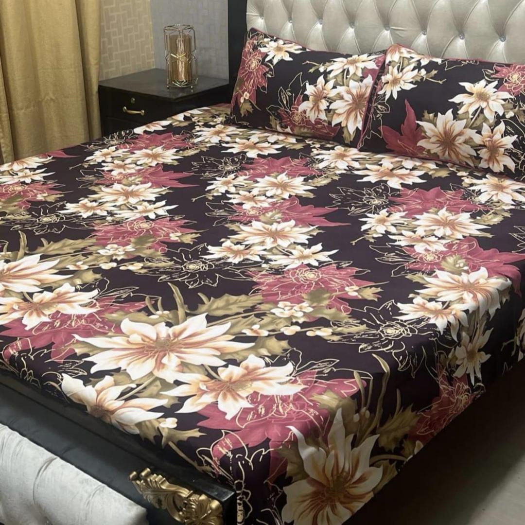 3 Pcs Crystal Cotton Printed Double Bedsheet