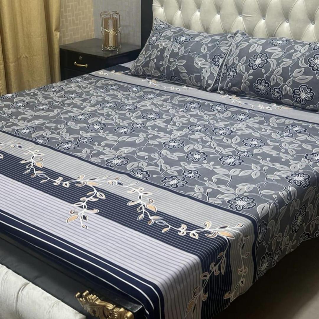 3 Pcs Crystal Cotton Printed Double Bedsheet