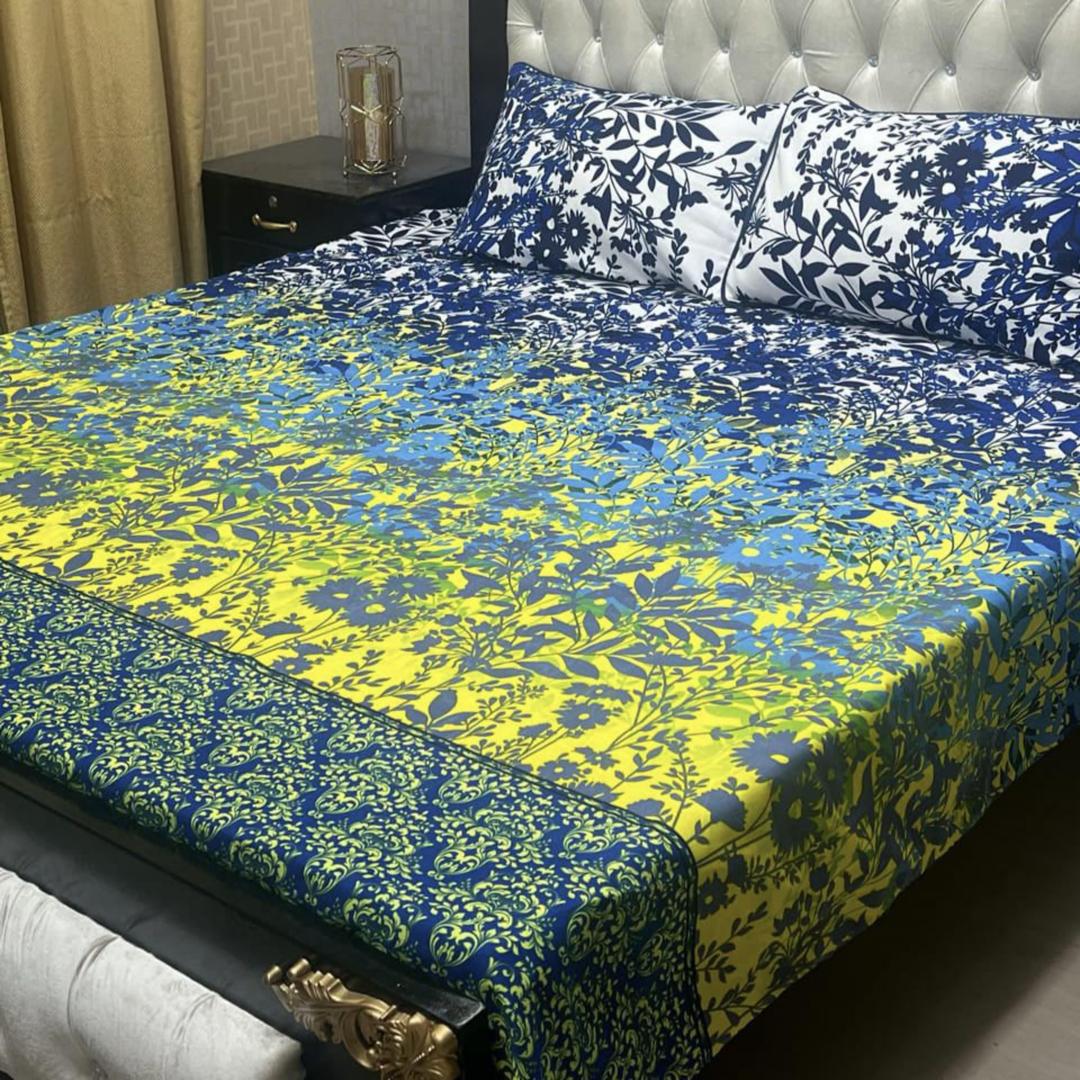 3 Pcs Crystal Cotton Printed Double Bedsheet