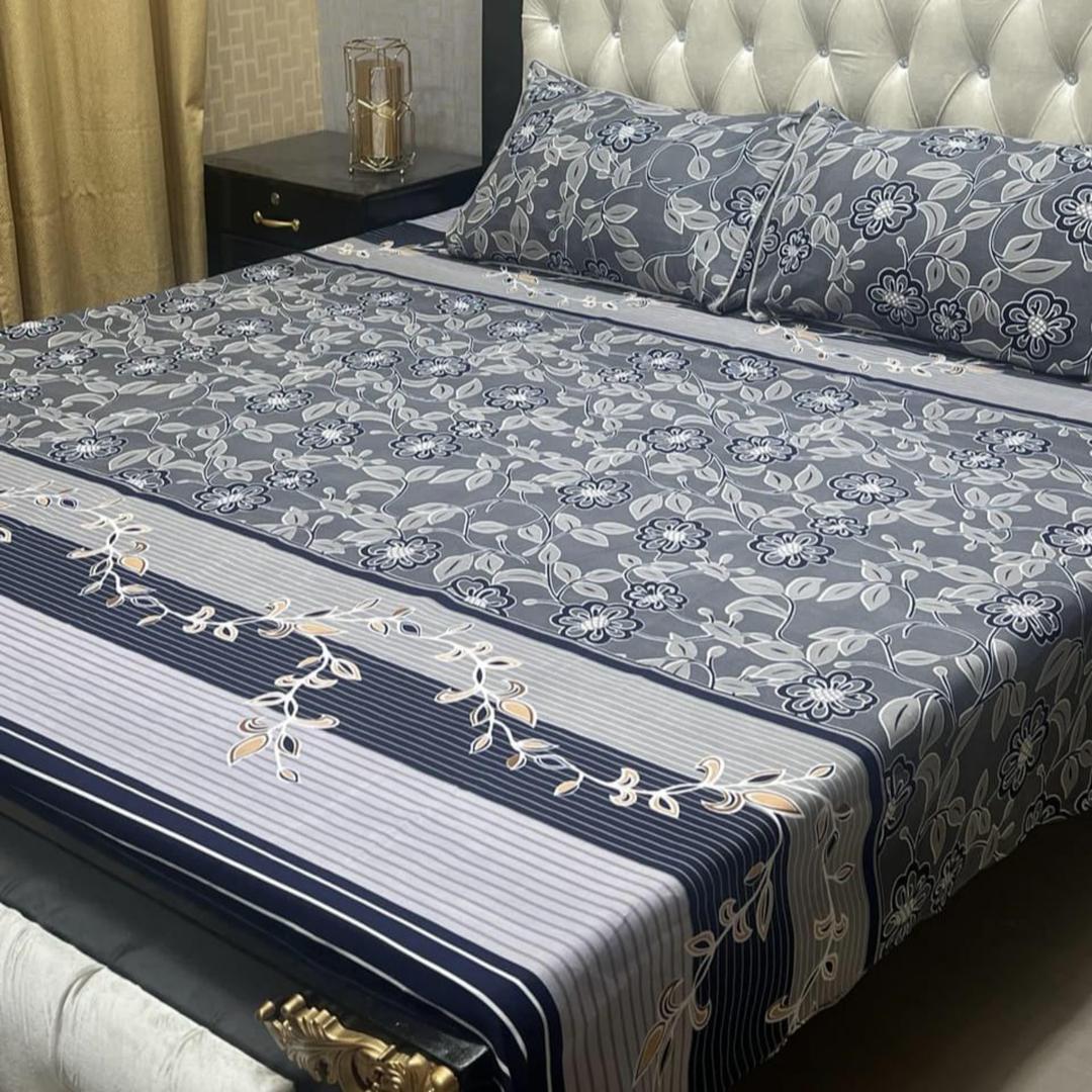 3 Pcs Crystal Cotton Printed Double Bedsheet
