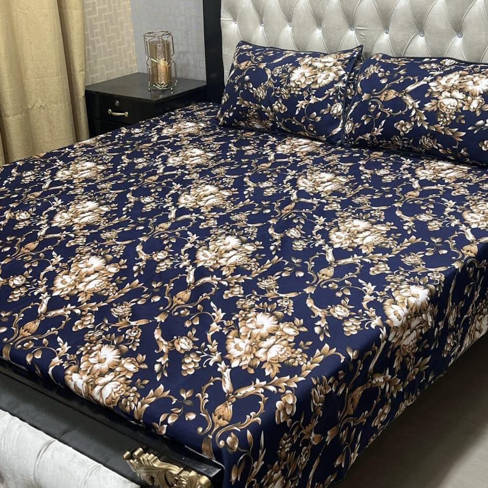 3 Pcs Crystal Cotton Printed Double Bedsheet