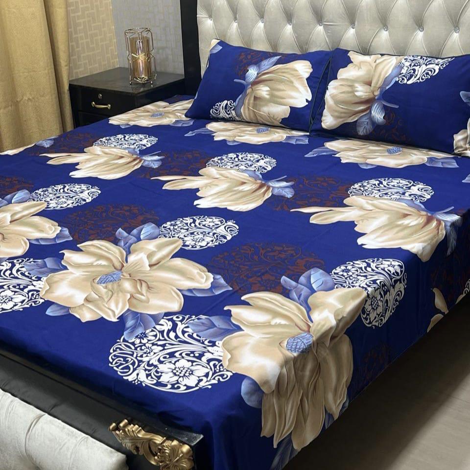 3 Pcs Crystal Cotton Printed Double Bedsheet