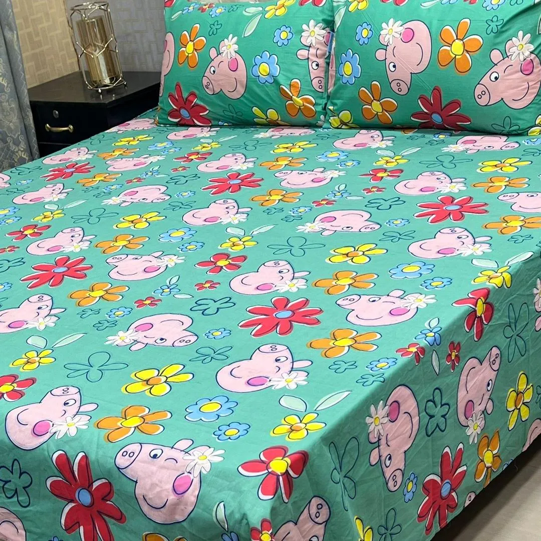 3 Pcs Cotton Printed Double Bedsheet