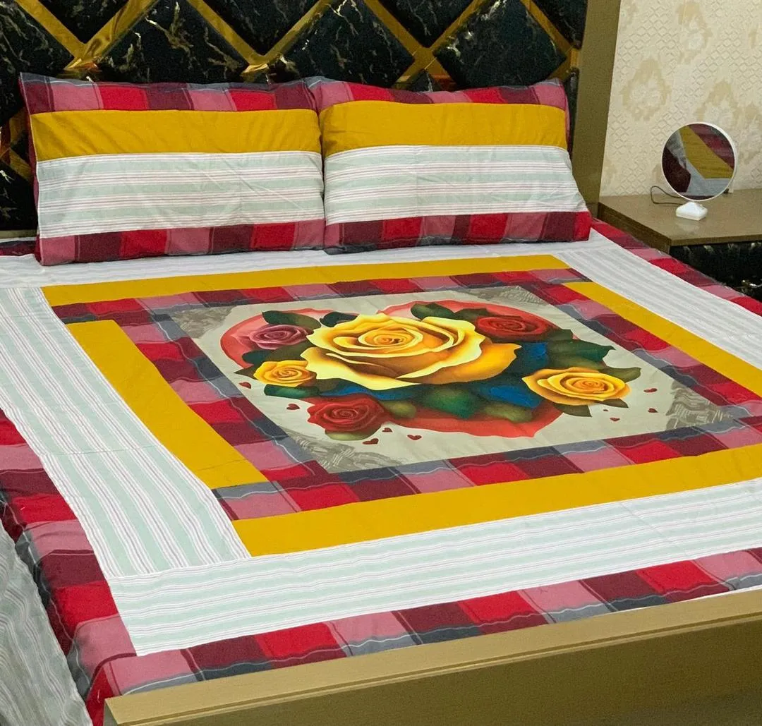 3 Pcs Cotton Sotton Patchwork Double Bedsheet