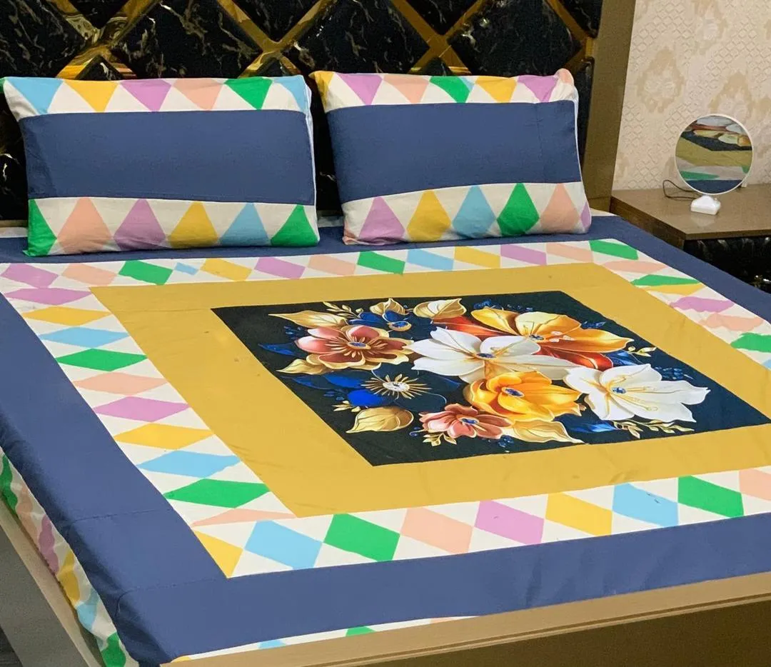 3 Pcs Cotton Sotton Patchwork Double Bedsheet