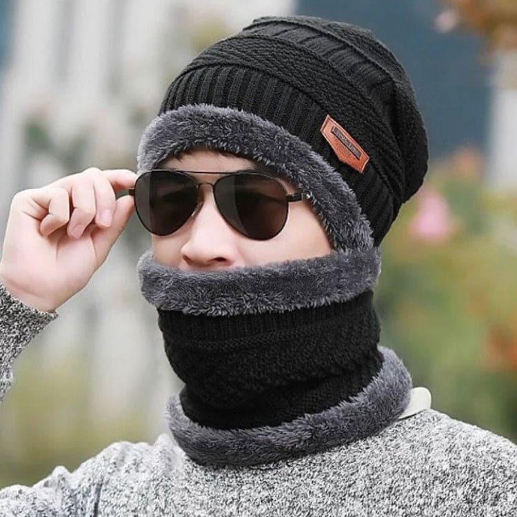 Wool Beanie and Neck Warmer Set - 2 Pcs Black Plain Warmth