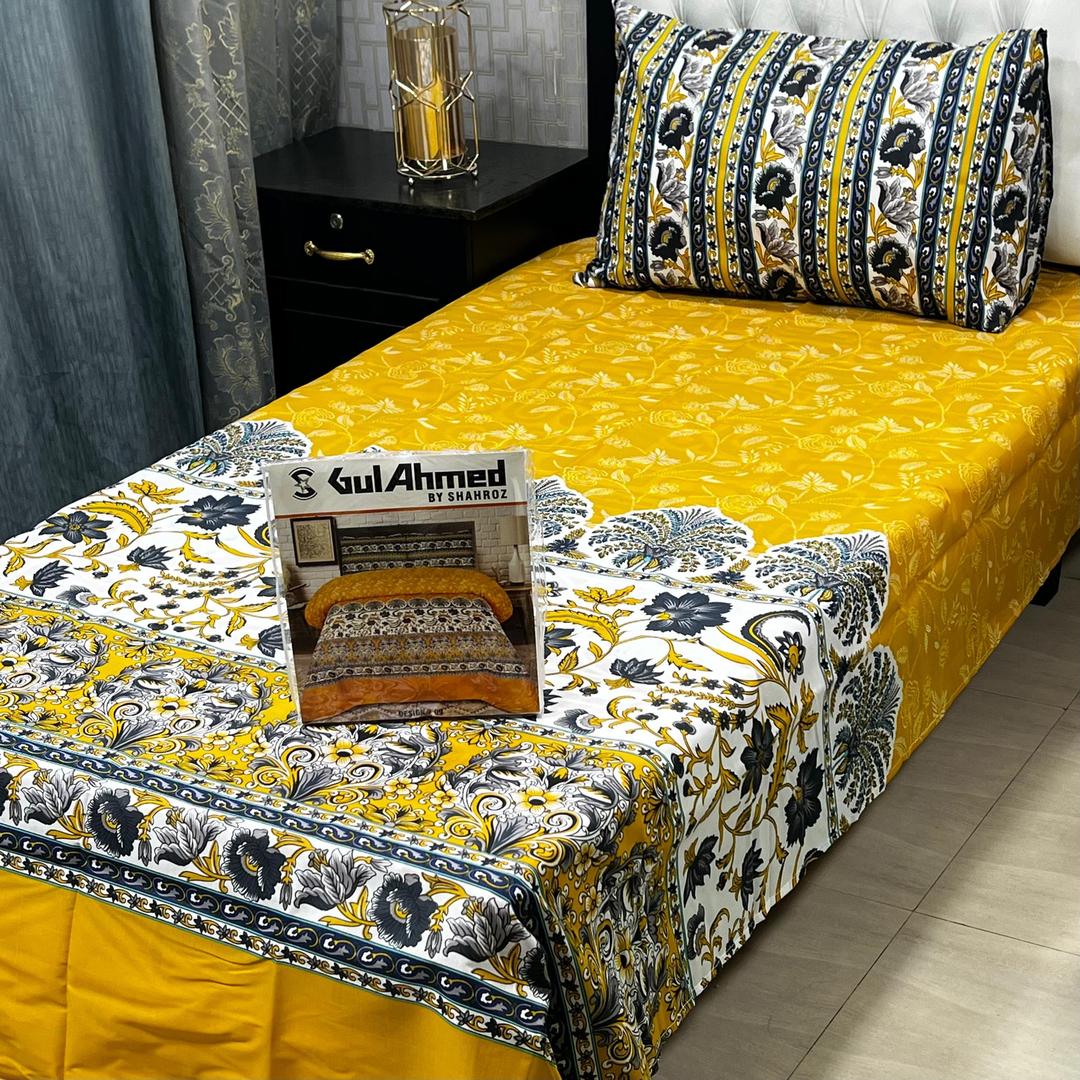 Stylish 4 Pcs Mix Cotton Printed Single Bed Set in Mustard