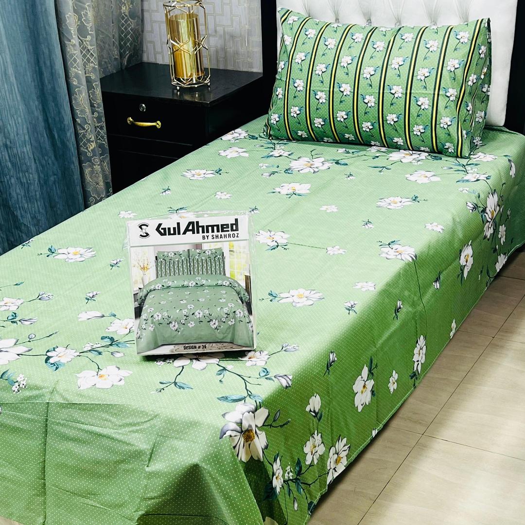 Stylish Green Printed Single Bedsheet Set - 4 Pcs