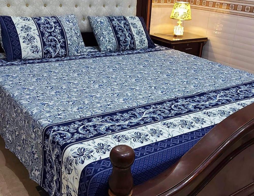 3 Pcs Crystal Cotton Printed Double Bedsheet