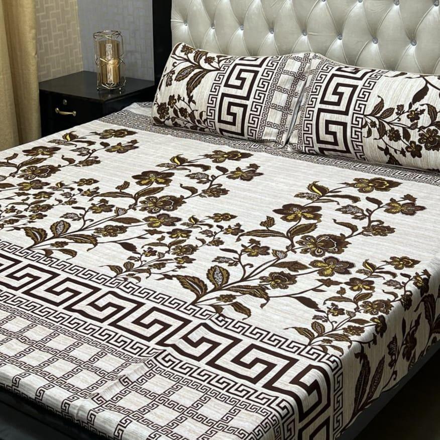 3 Pcs Crystal Cotton Printed Double Bed Sheet