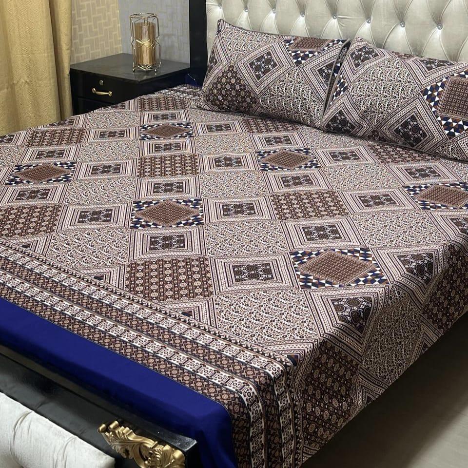 3 Pcs Crystal Cotton Printed Double Bed Sheet