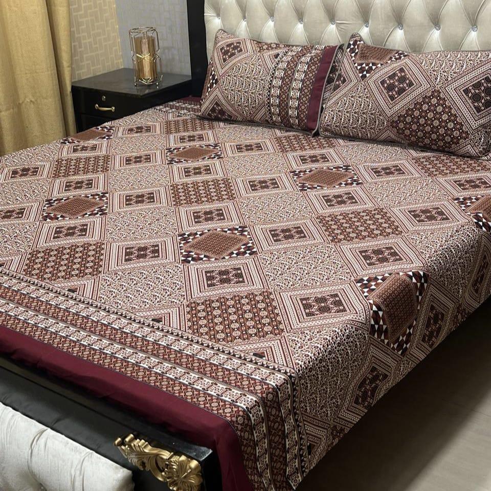 3 Pcs Crystal Cotton Printed Double Bed Sheet