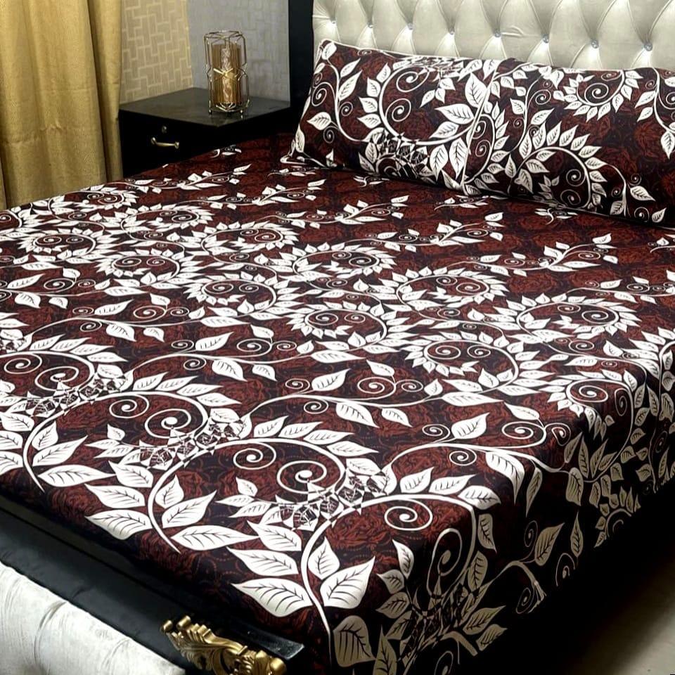 3 Pcs Crystal Cotton Printed Double Bed Sheet
