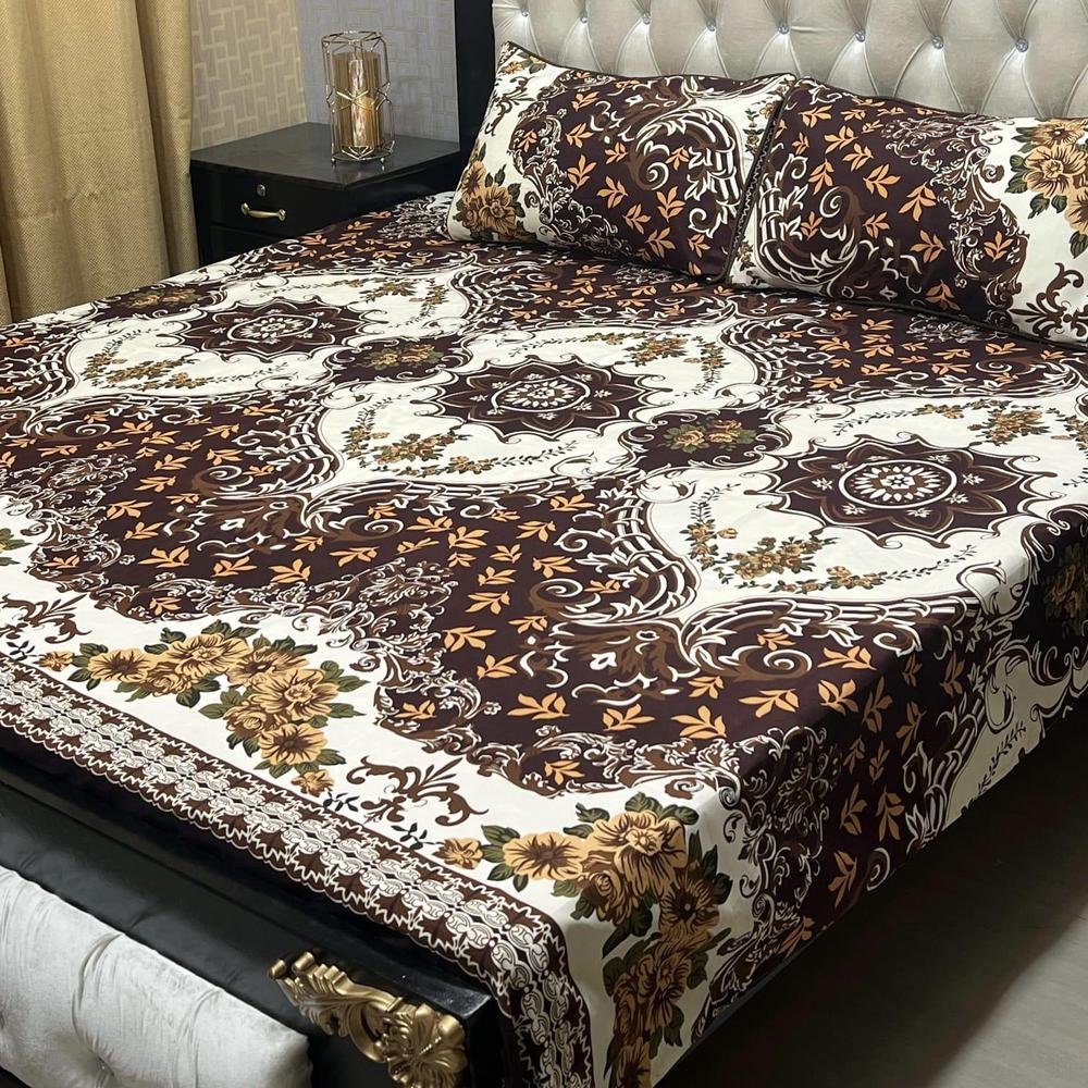 3 Pcs Crystal Cotton Printed Double Bed Sheet