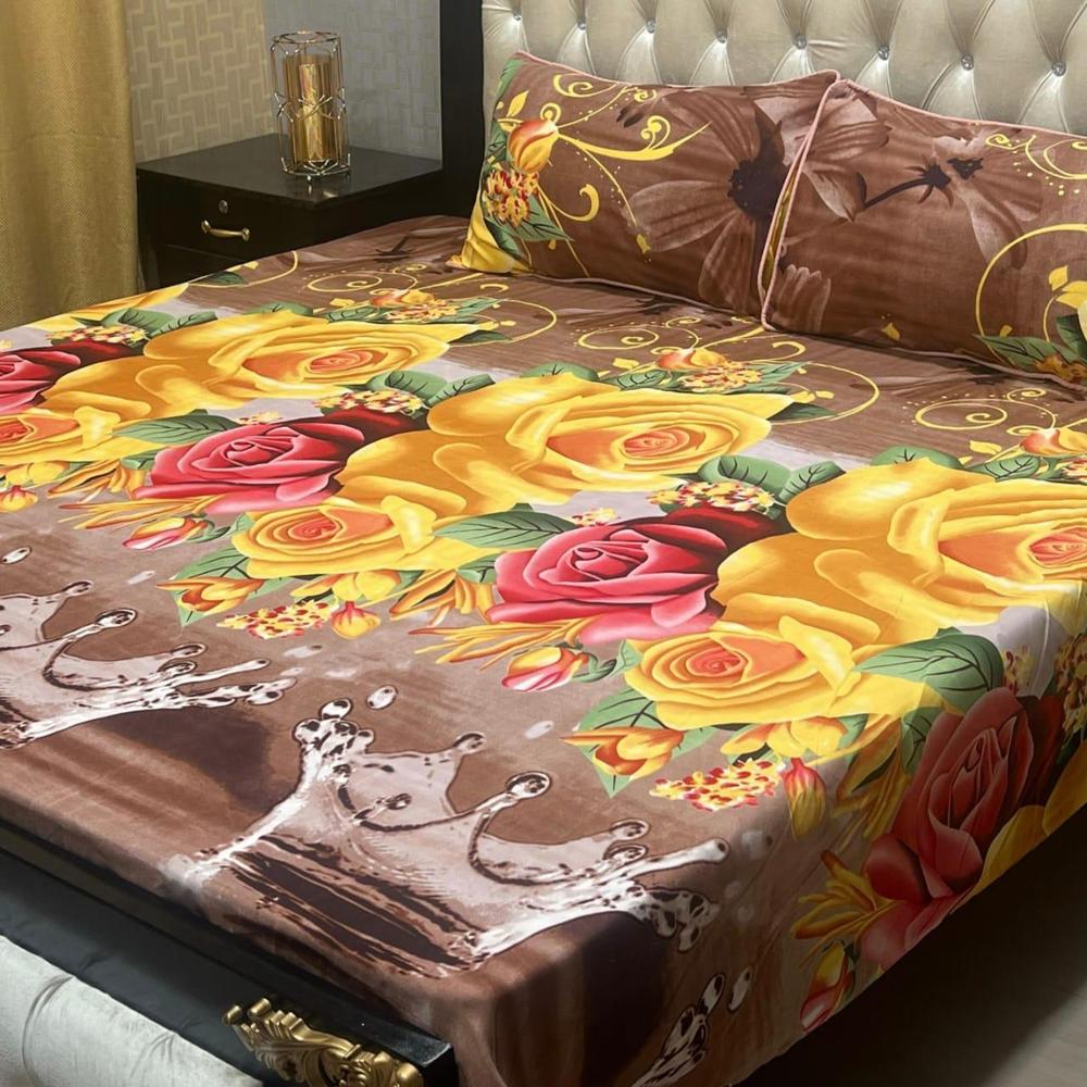 3 Pcs Crystal Cotton Printed Double Bed Sheet