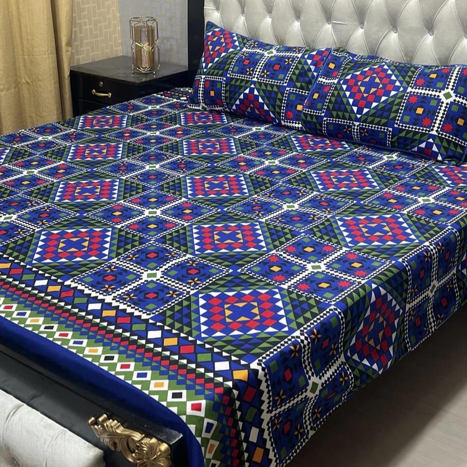 3 Pcs Crystal Cotton Printed Double Bed Sheets