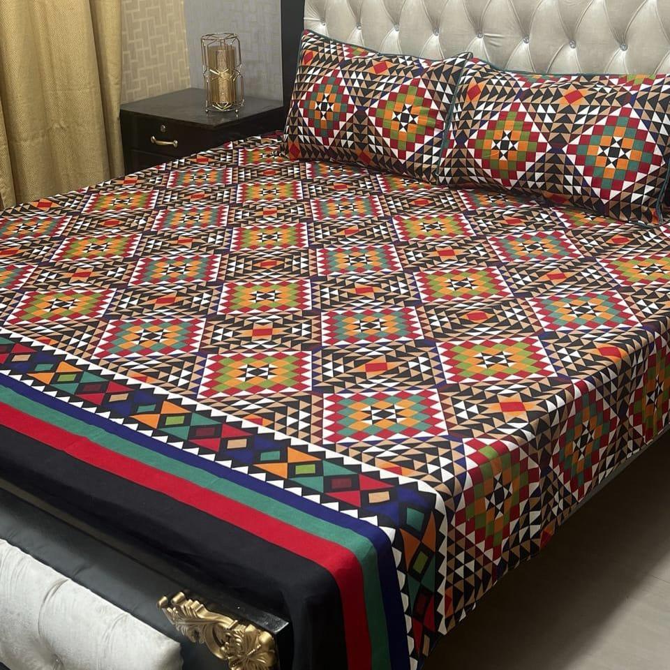 3 Pcs Crystal Cotton Printed Double Bed Sheets