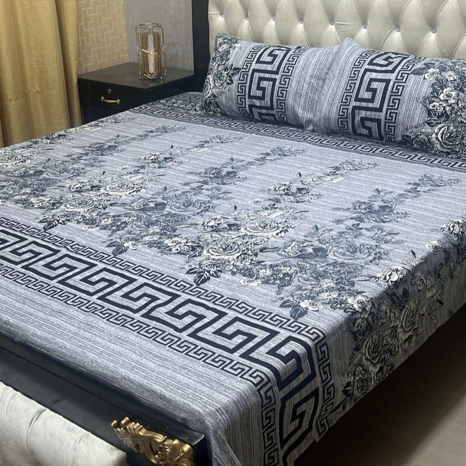 3 Pcs Crystal Cotton Printed Double Bed Sheets