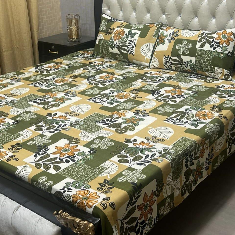 3 Pcs Crystal Cotton Printed Double Bed Sheets