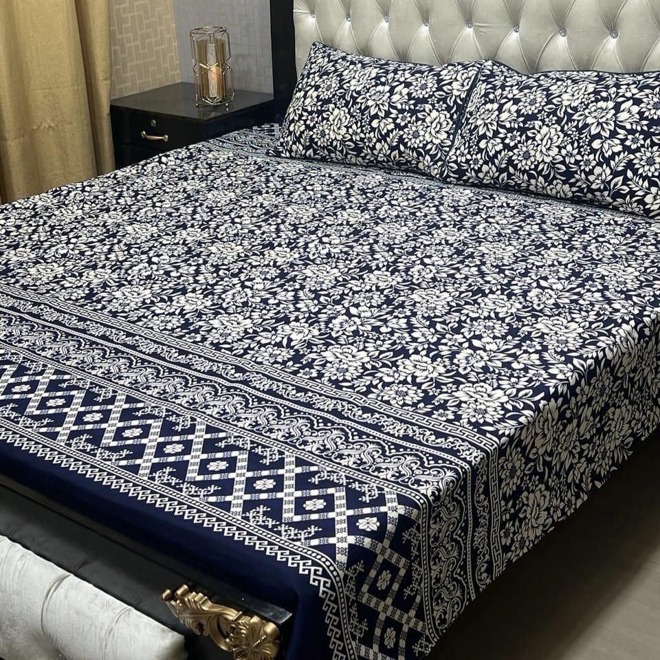 3 Pcs Crystal Cotton Printed Double Bed Sheets