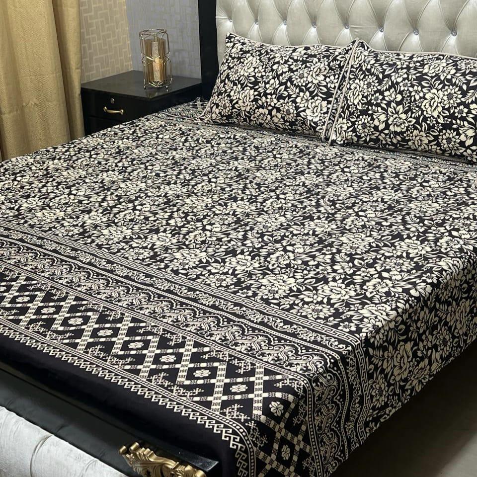 3 Pcs Crystal Cotton Printed Double Bed Sheets