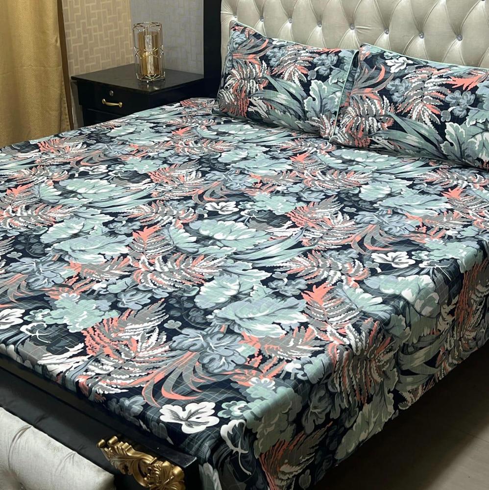 3 Pcs Crystal Cotton Printed Double Bed Sheets