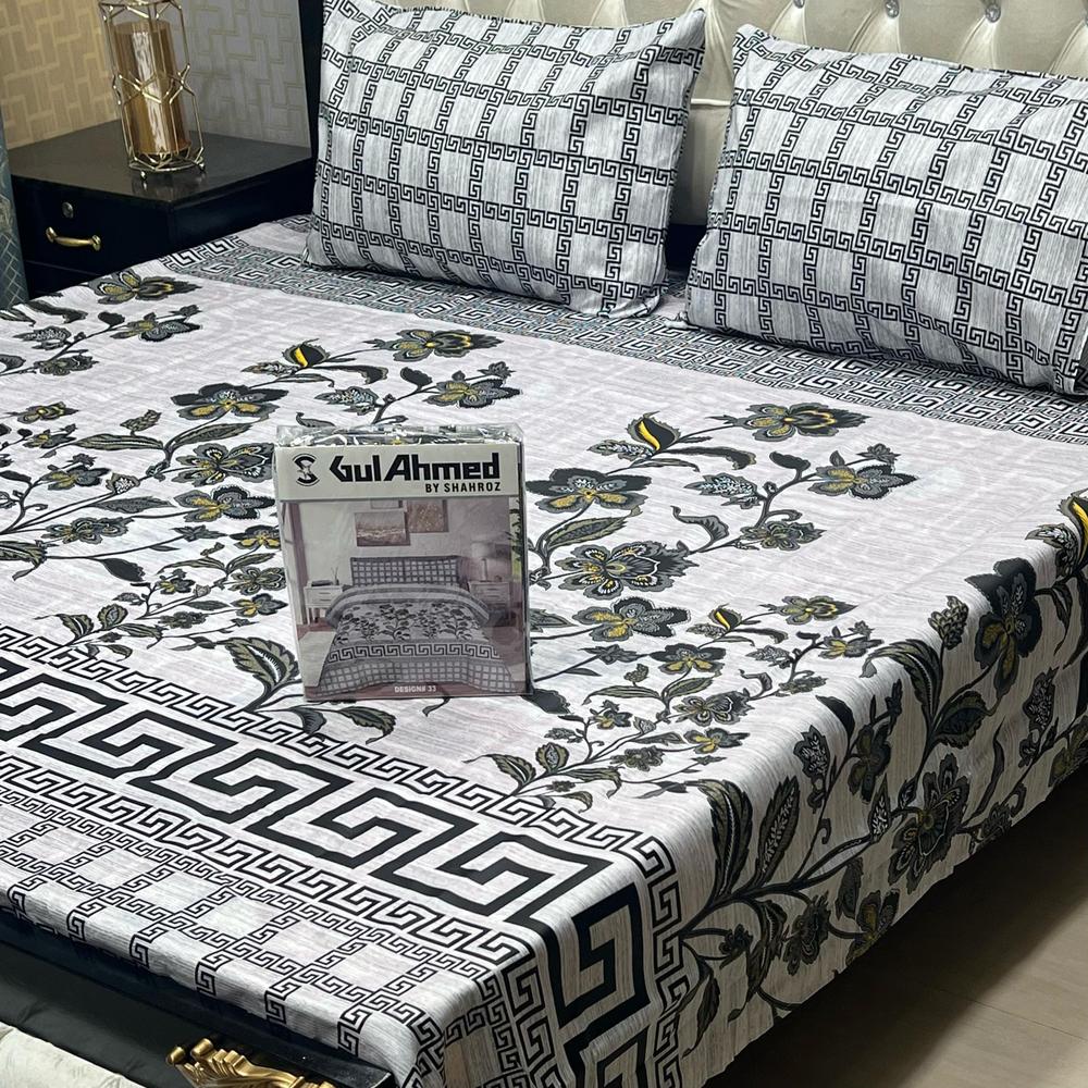 3 Pcs Cotton Printed Double Bedsheet