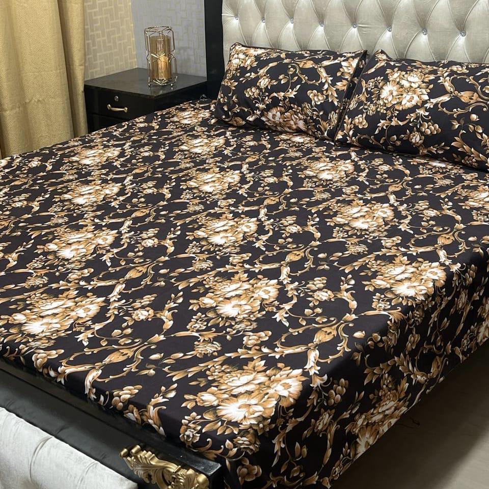 3 Pcs Crystal Cotton Printed Double Bedsheet