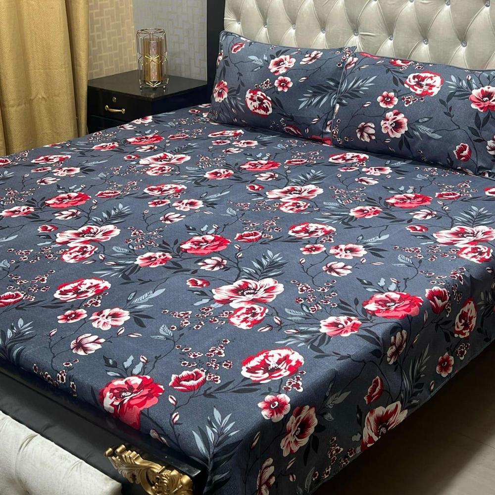 3 Pcs Crystal Cotton Printed Double Bedsheet