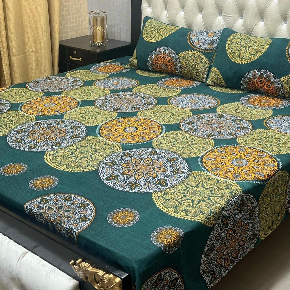 3 Pcs Crystal Cotton Printed Double Bedsheet