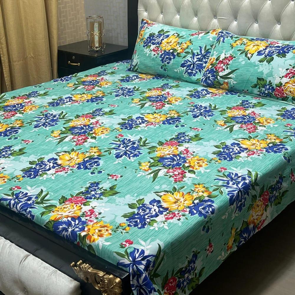 3 Pcs Crystal Cotton Printed Double Bedsheet