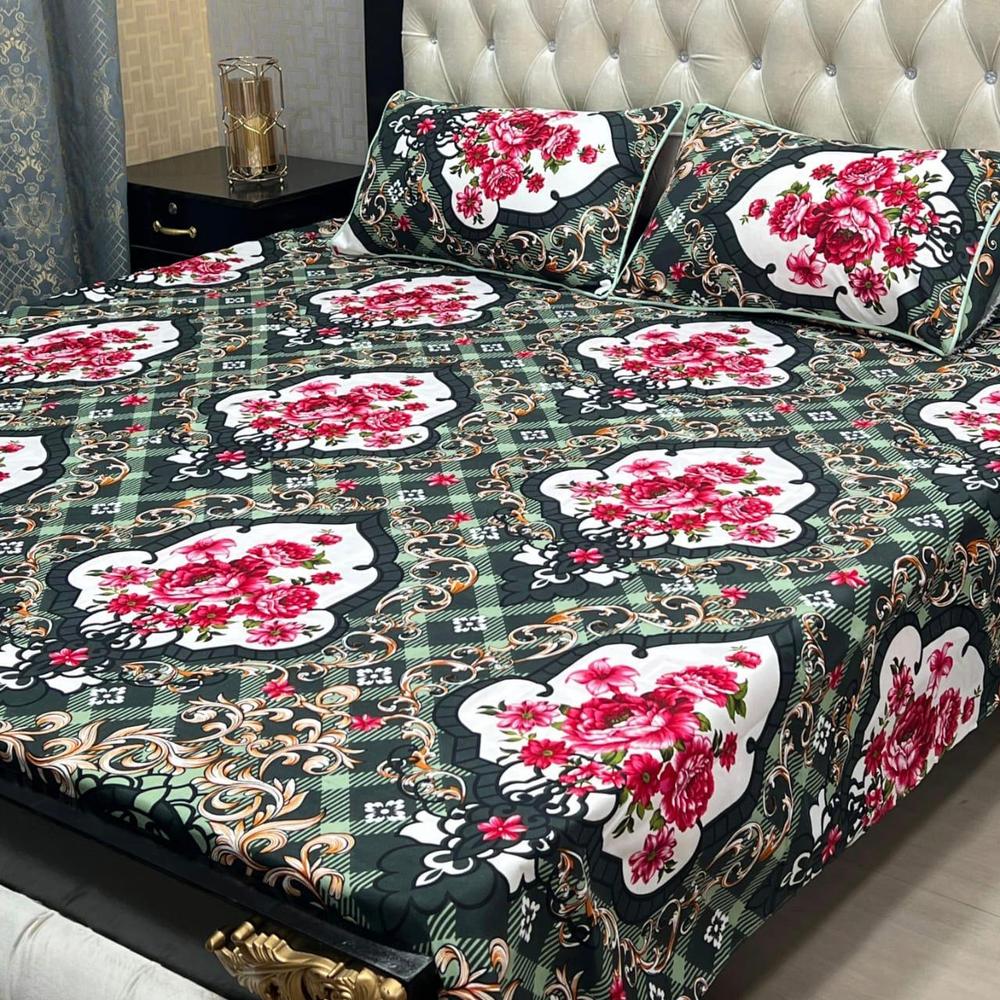3 Pcs Crystal Cotton Printed Double Bedsheet