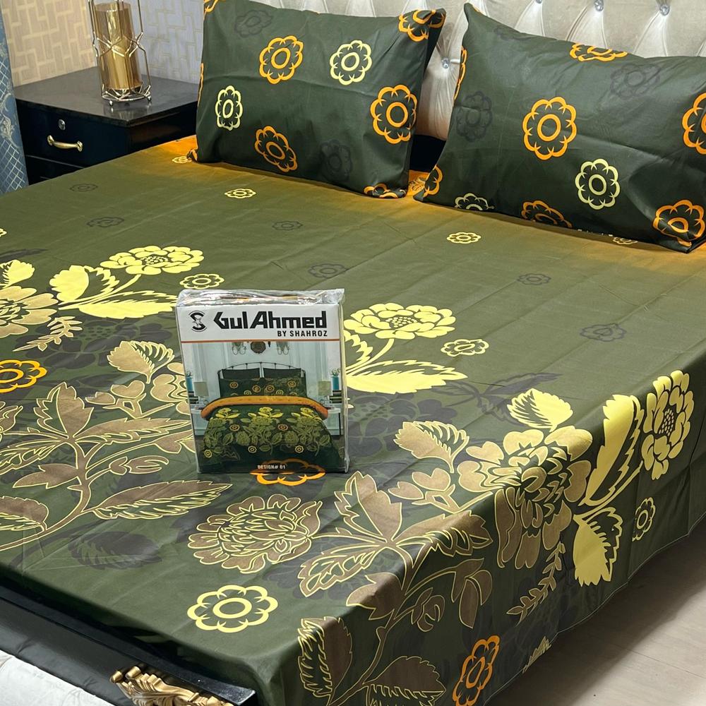 3 Pcs Mix Cotton Printed King Size Double Bedsheet
