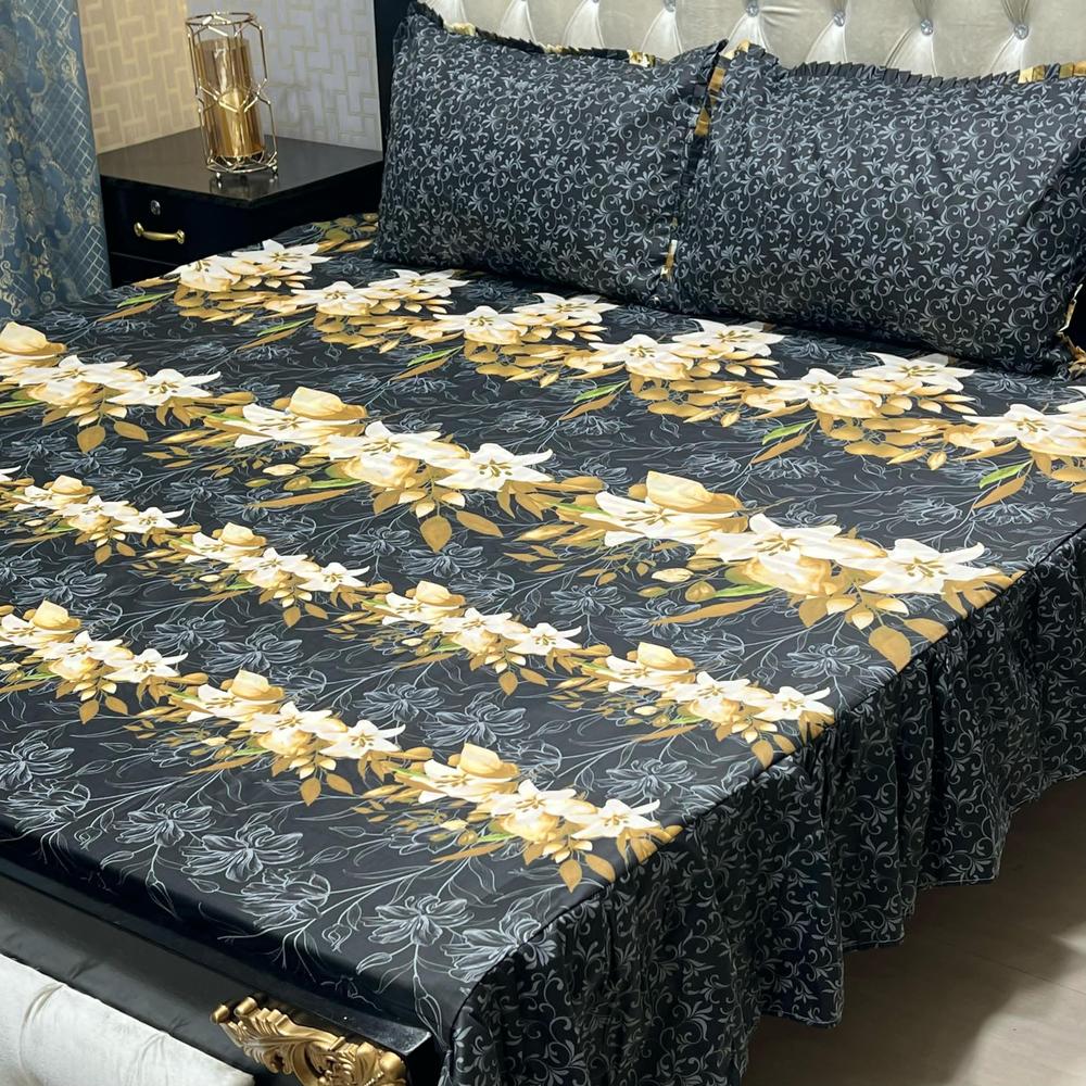 3 Pcs Cotton Salonica Printed King Size Double Bedsheet