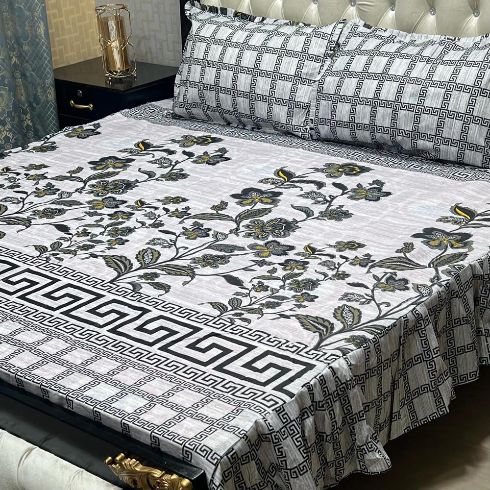 3 Pcs Cotton Salonica Printed King Size Double Bedsheet