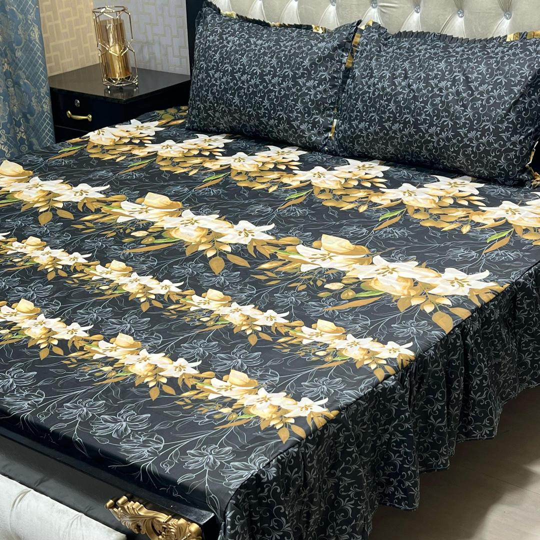 3 Pcs Cotton Sylonica Frill Double Bedsheet