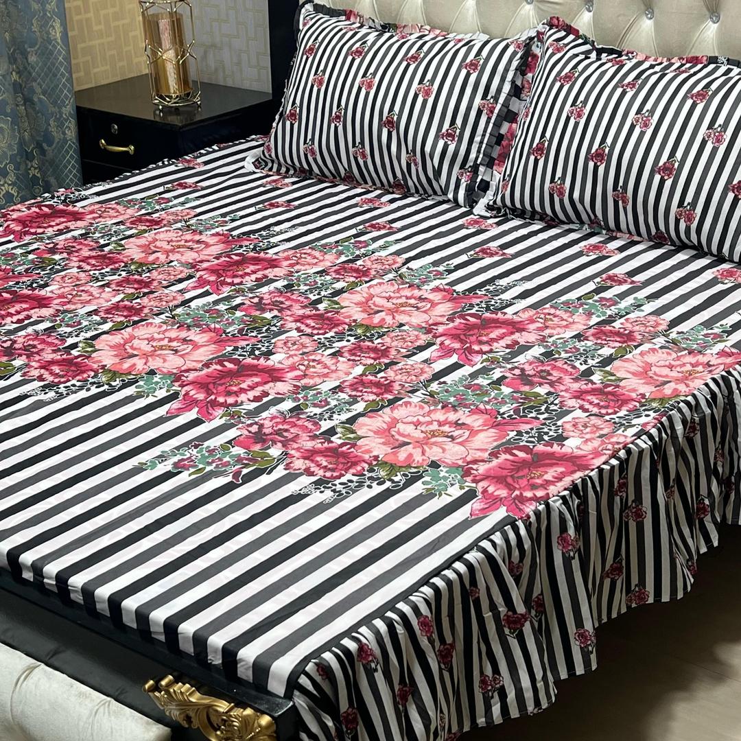 3 Pcs Cotton Sylonica Frill Double Bedsheet