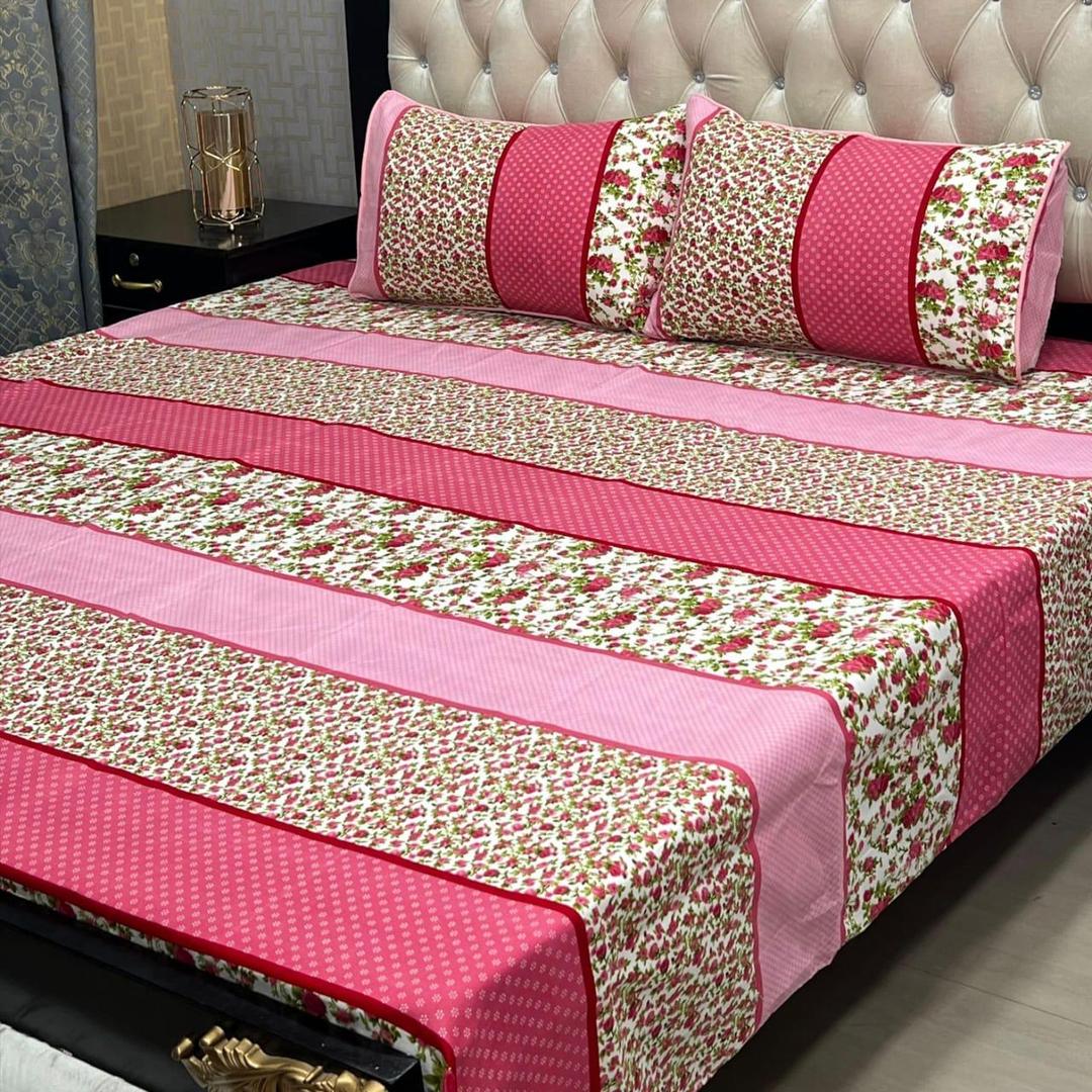 Cozy Crystal Cotton Double Bed Sheet Set - 3 Pcs Printed in Pink
