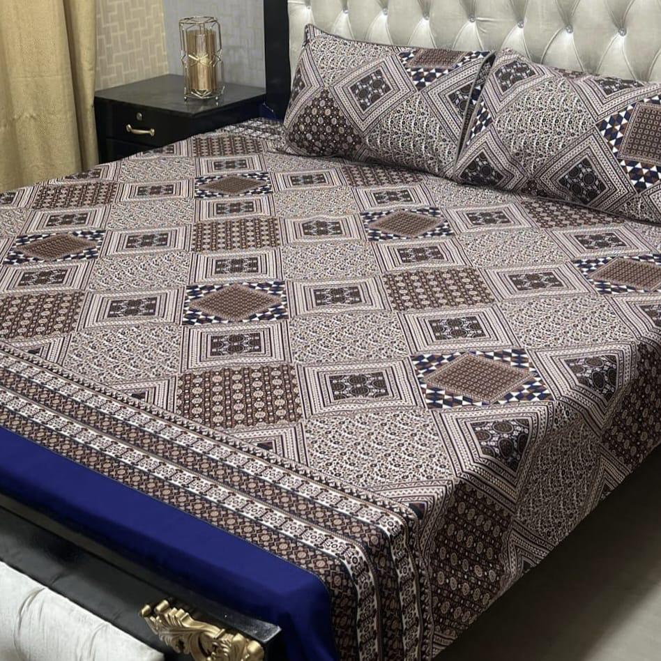 3 Pcs Printed Crystal Cotton Double Bedsheet Set in Brown