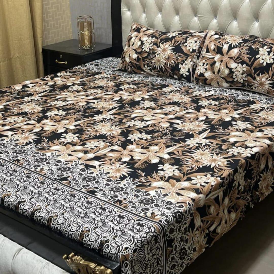 3 Pcs Printed Crystal Cotton Double Bedsheet Set in Brown