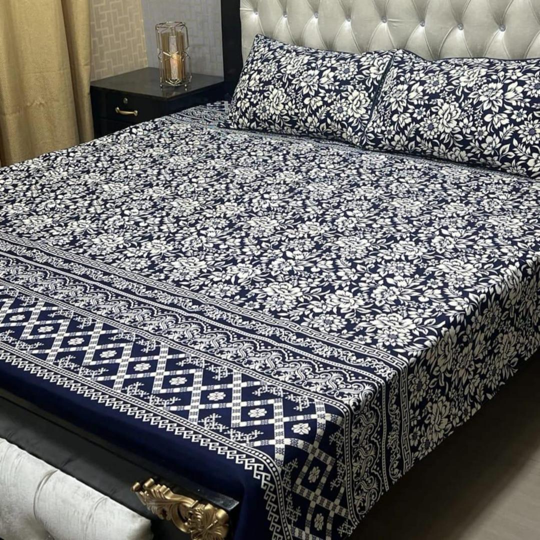 3 Pcs Double Bed Printed Crystal Cotton Bedsheet Set in Blue