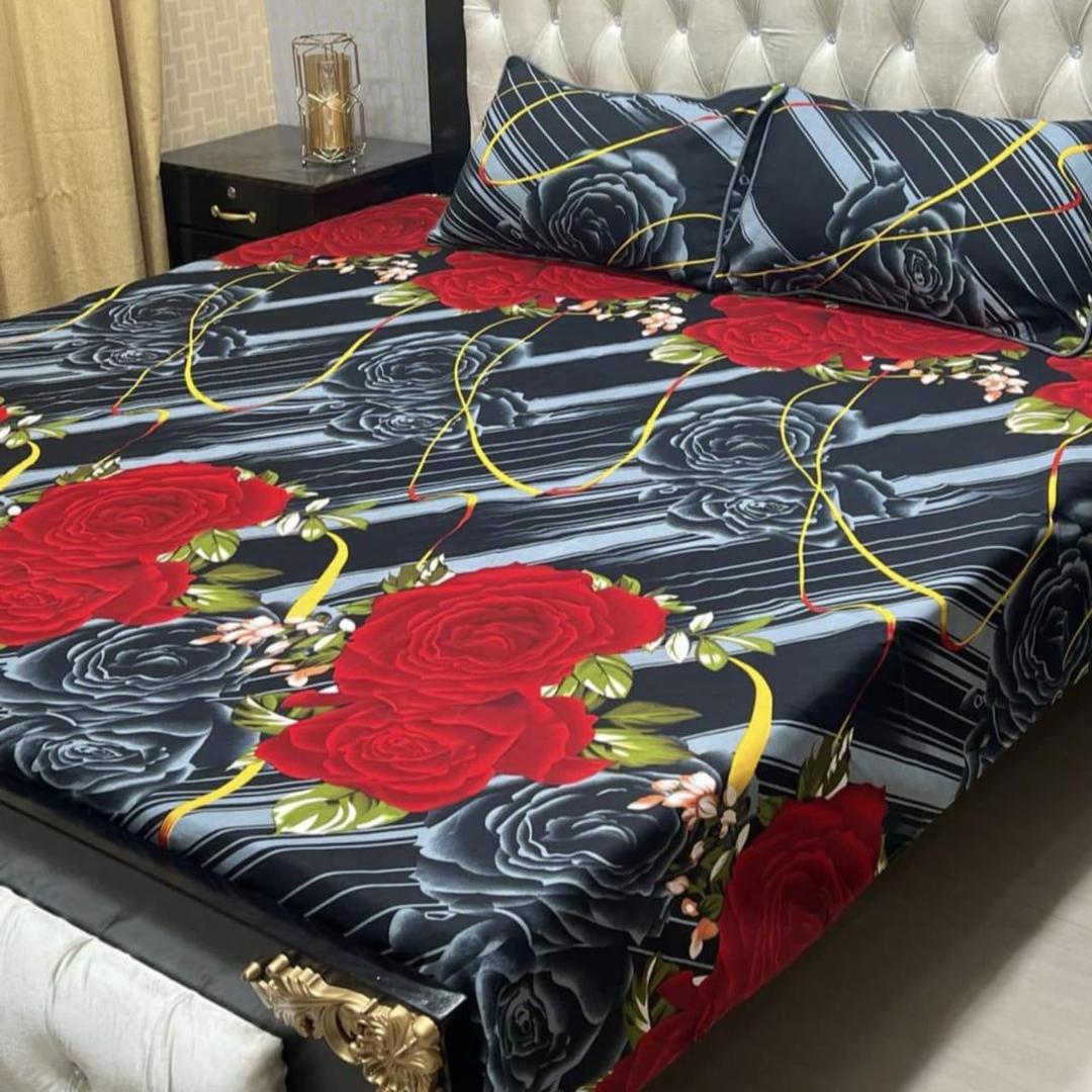 3 Pcs Double Bedsheet Set in Black Crystal Cotton - Printed Design