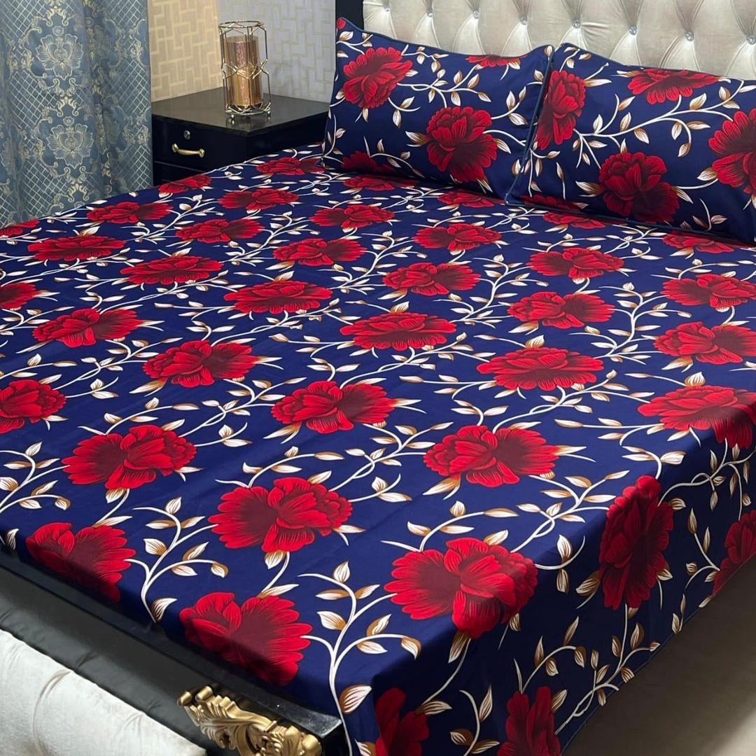 Luxurious Printed Crystal Cotton Double Bedsheet Set - 3 Pcs in Striking Blue